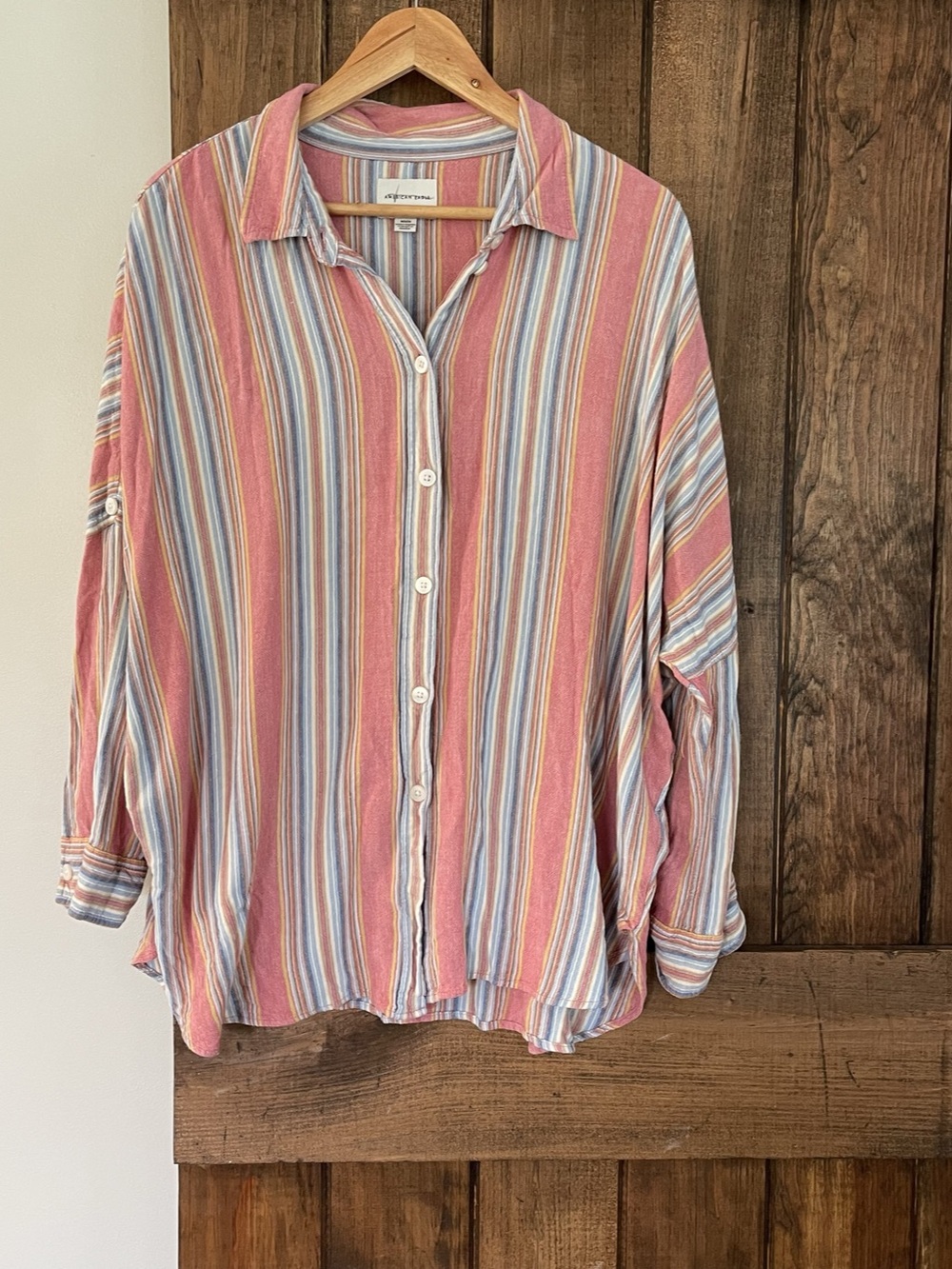 American Eagle Striped Oversized Roll Tab Drop Shoulder Button Down Shirt M